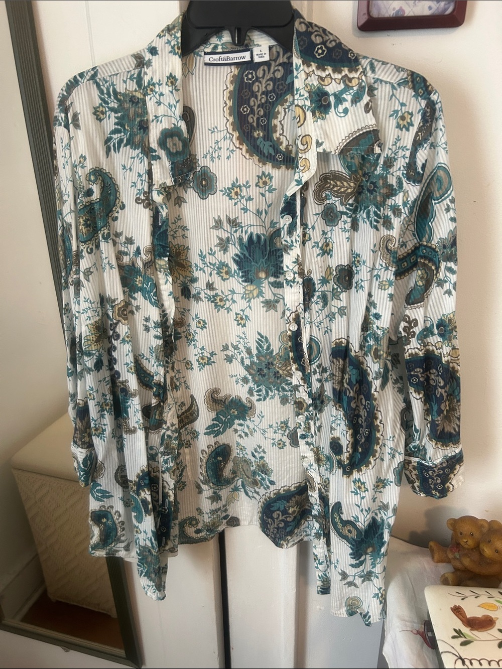 croft & barrow Teal and Olive Paisley Button-Front Blouse